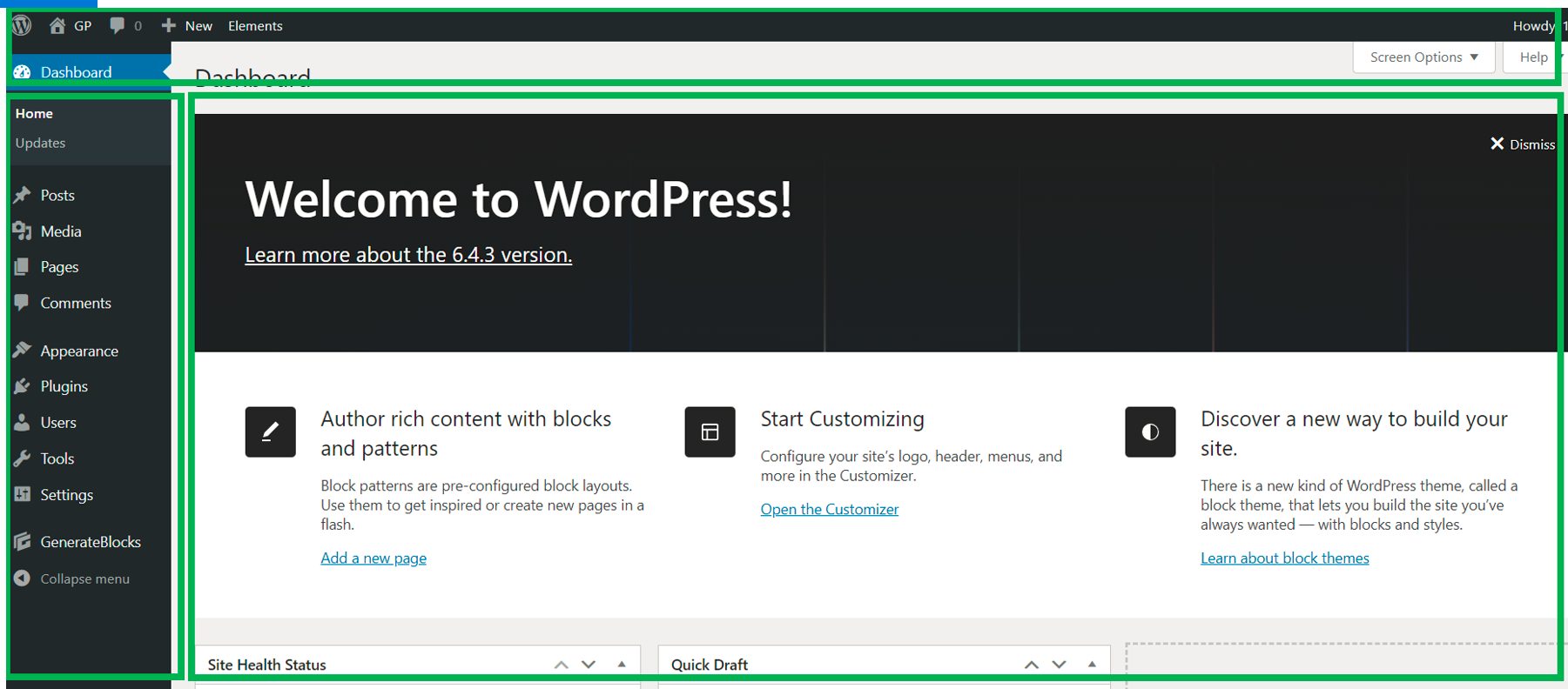 Wordpress CMS dashboard