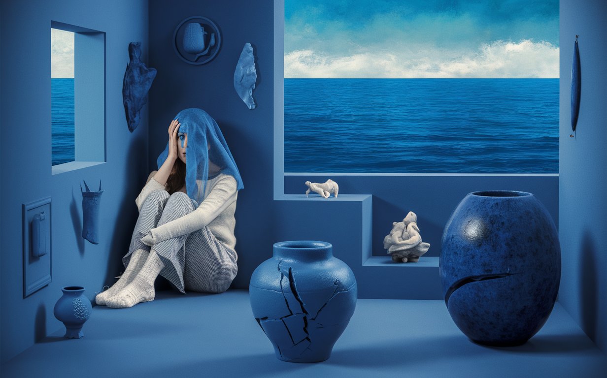 A woman sit inside the room that designed with blue color