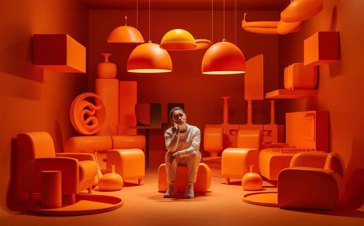 A woman sit inside the room that designed with orange color